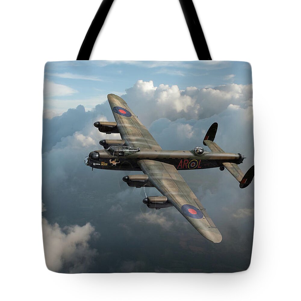460 Squadron Raaf Tote Bag featuring the photograph Lancaster W5005 AR-L Leader above clouds by Gary Eason