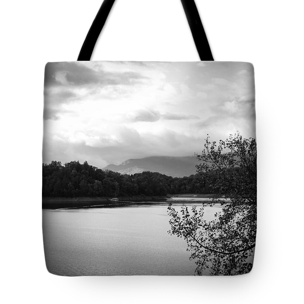 Kelly Hazel Tote Bag featuring the photograph Landscape in Black and White Nantahala River Blue Ridge Mountains by Kelly Hazel
