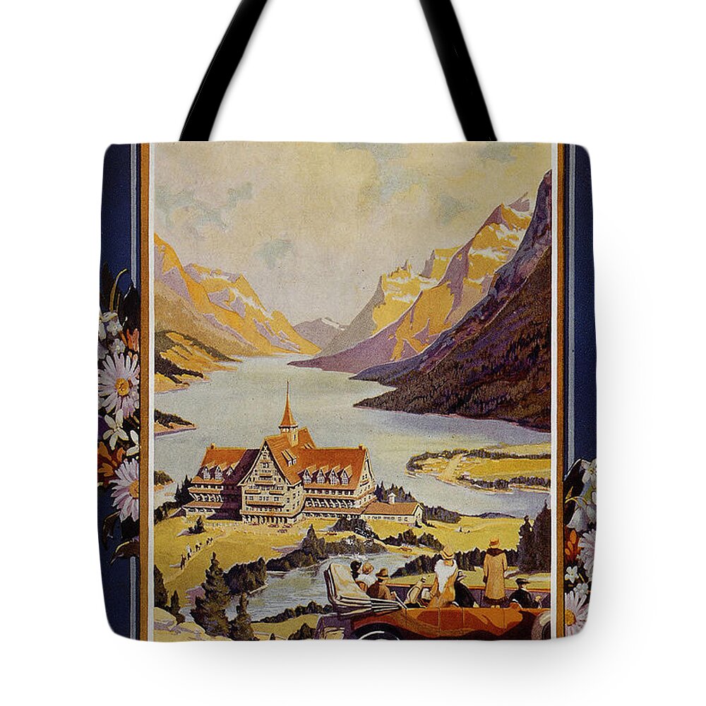 Glacier National Park Tote Bag featuring the painting Landscape painting of a mansion by a lake shore in Glacier National Park- Vintage Travel Poster by Studio Grafiikka
