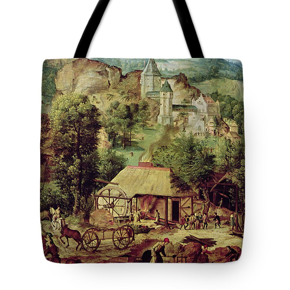 Landscape With Forge Tote Bag featuring the painting Landscape with Forge by Herri met de Bles