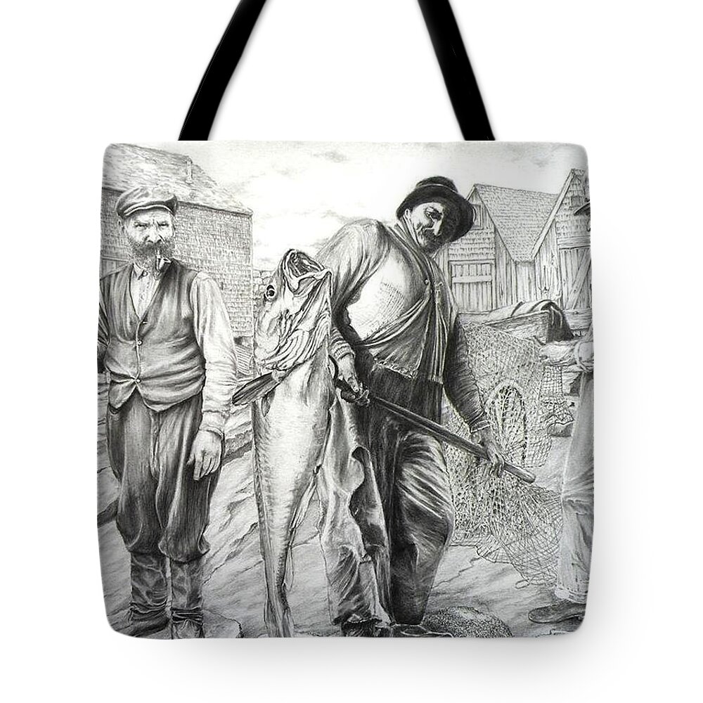 Fishermen Tote Bag featuring the drawing Lanes Cove Fishermen by James Oliver