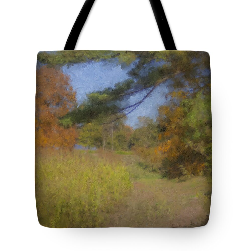Langwater Farm Tote Bag featuring the painting Langwater Farm Tractor Path by Bill McEntee
