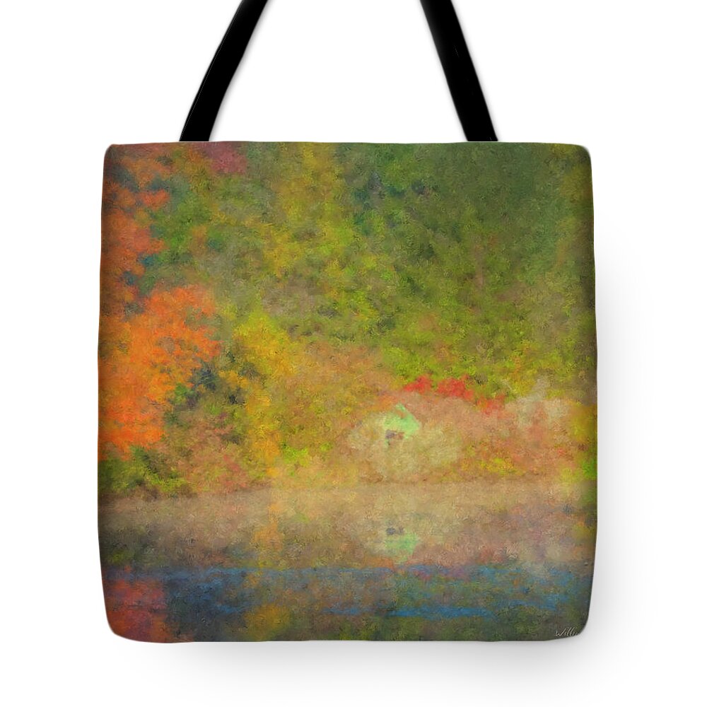 October Tote Bag featuring the painting Langwater Pond Boathouse October 2015 by Bill McEntee
