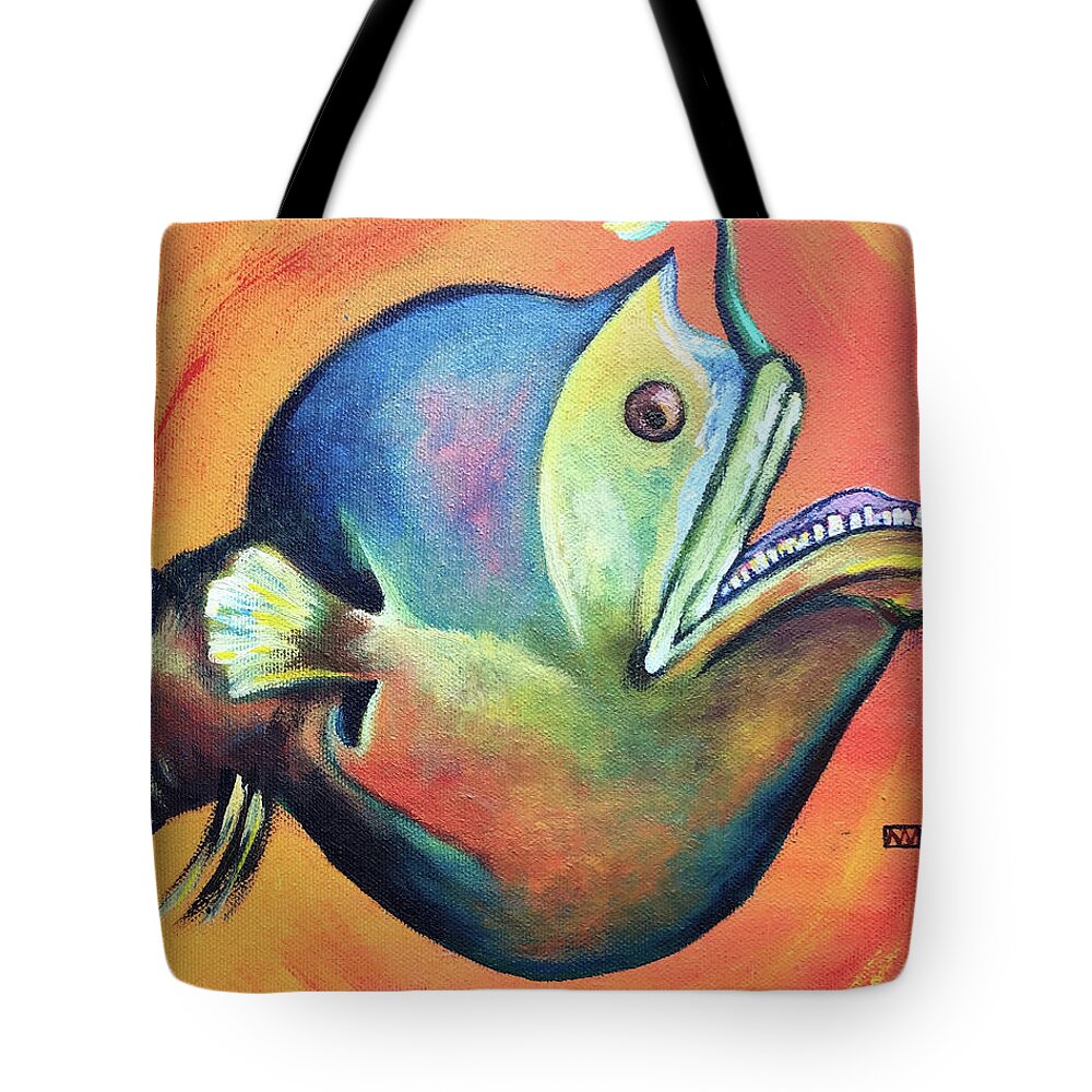 Angler Fish Tote Bag featuring the painting Lantern Fish by AnneMarie Welsh