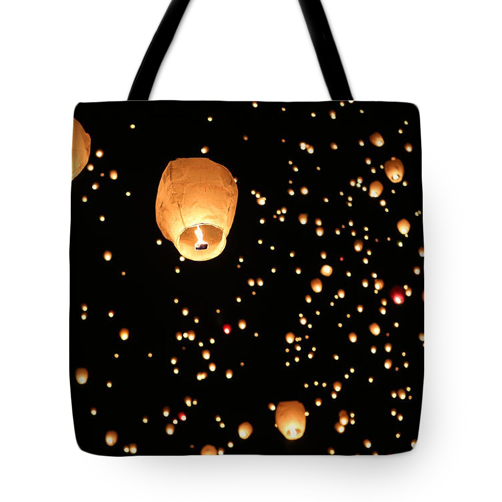 Night Tote Bag featuring the photograph Lanterns Upon the Sky by Elizabeth Winter