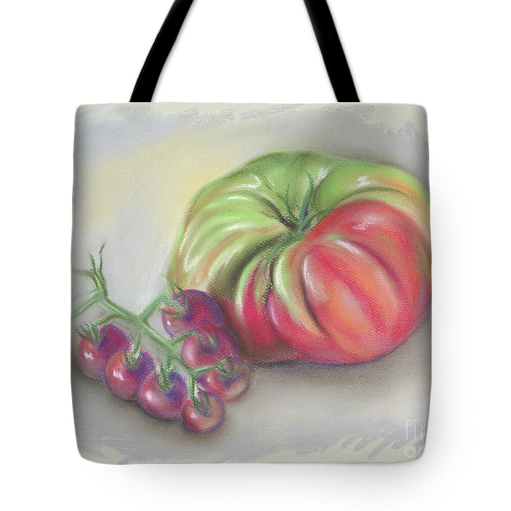 Tomato Tote Bag featuring the pastel Large Heirloom Tomato with Purple Cherry Tomatoes by MM Anderson