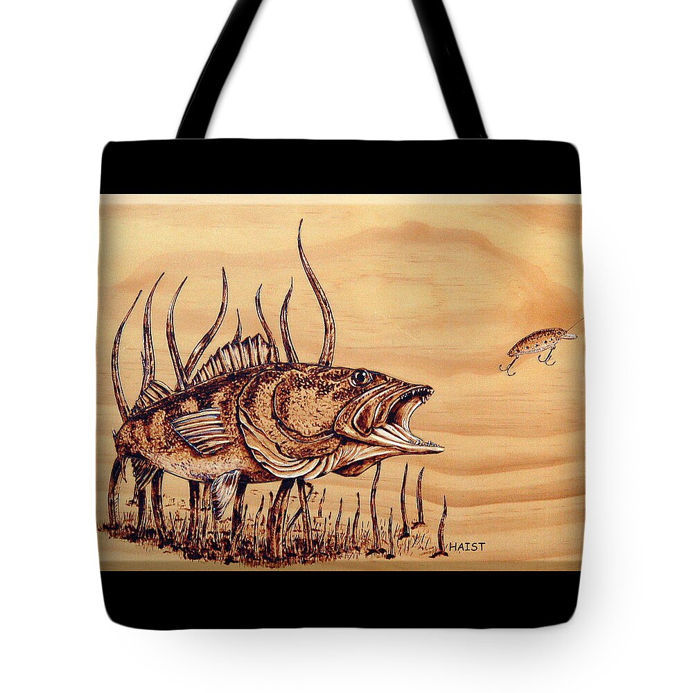 Fish Tote Bag featuring the pyrography Largemouth Bass by Ron Haist