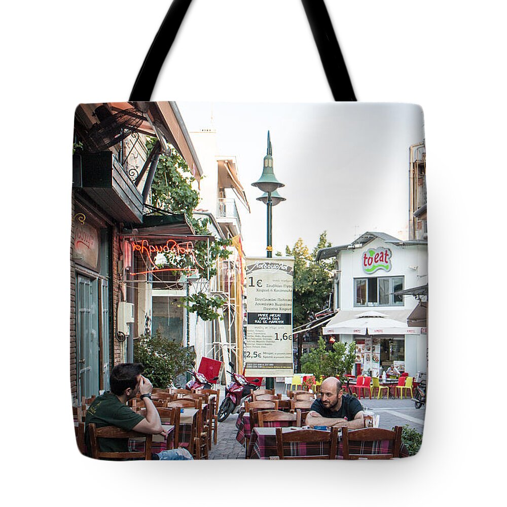 City View Tote Bag featuring the photograph Larissa old city street view by Jivko Nakev