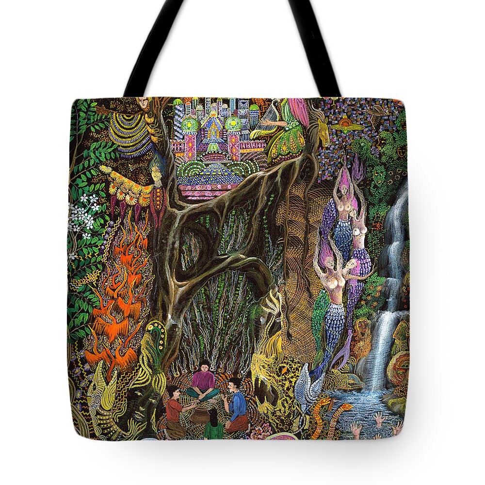 Pablo Amaringo Tote Bag featuring the painting Las Nalpeas del Renaco by Pablo Amaringo