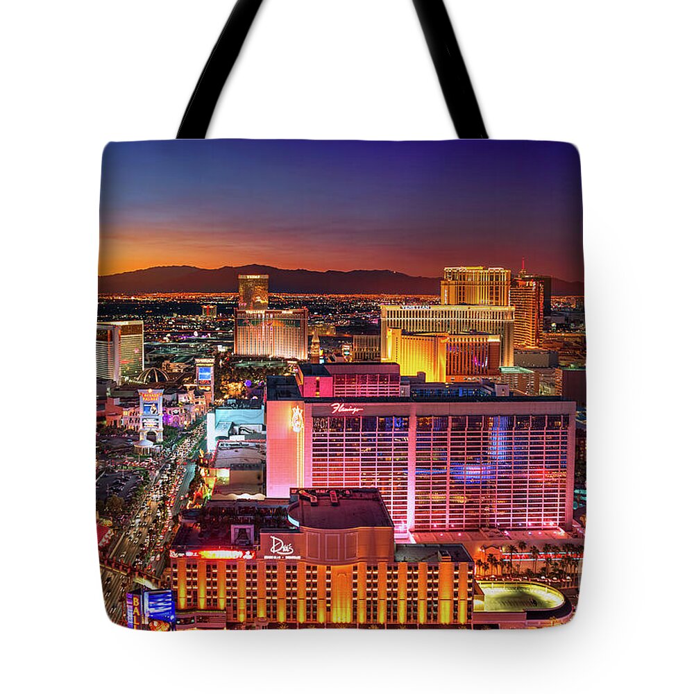Bellagio Tote Bag featuring the photograph Las Vegas Strip North View After Sunset by Aloha Art