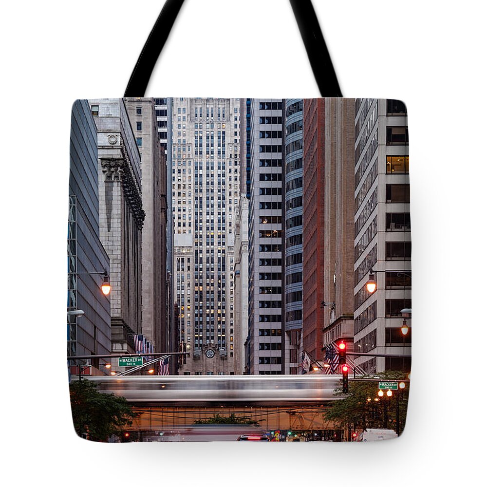 Windy Tote Bag featuring the photograph LaSalle Street Canyon With Chicago Board of Trade Building at the South Side II - Chicago Illinois by Silvio Ligutti