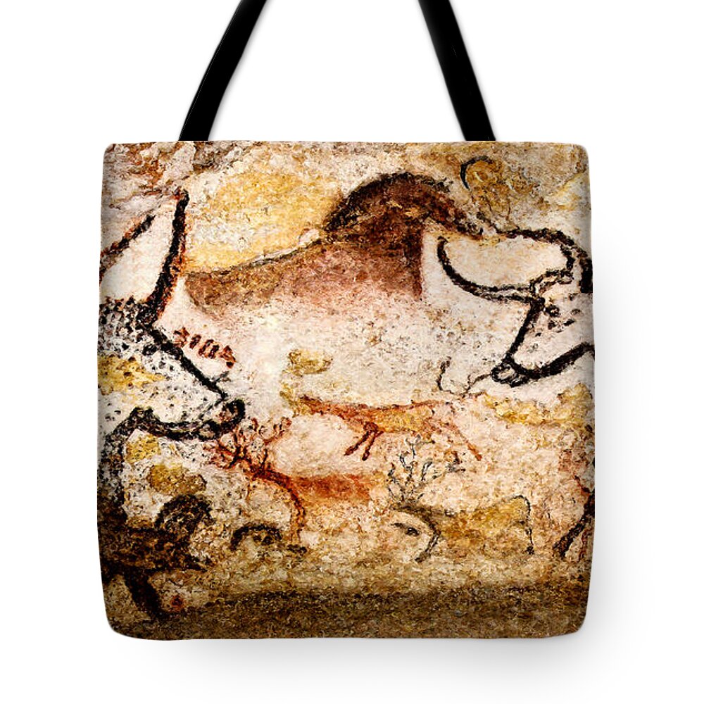 Lascaux Tote Bag featuring the digital art Lascaux Hall of the Bulls - Deer and Aurochs by Weston Westmoreland