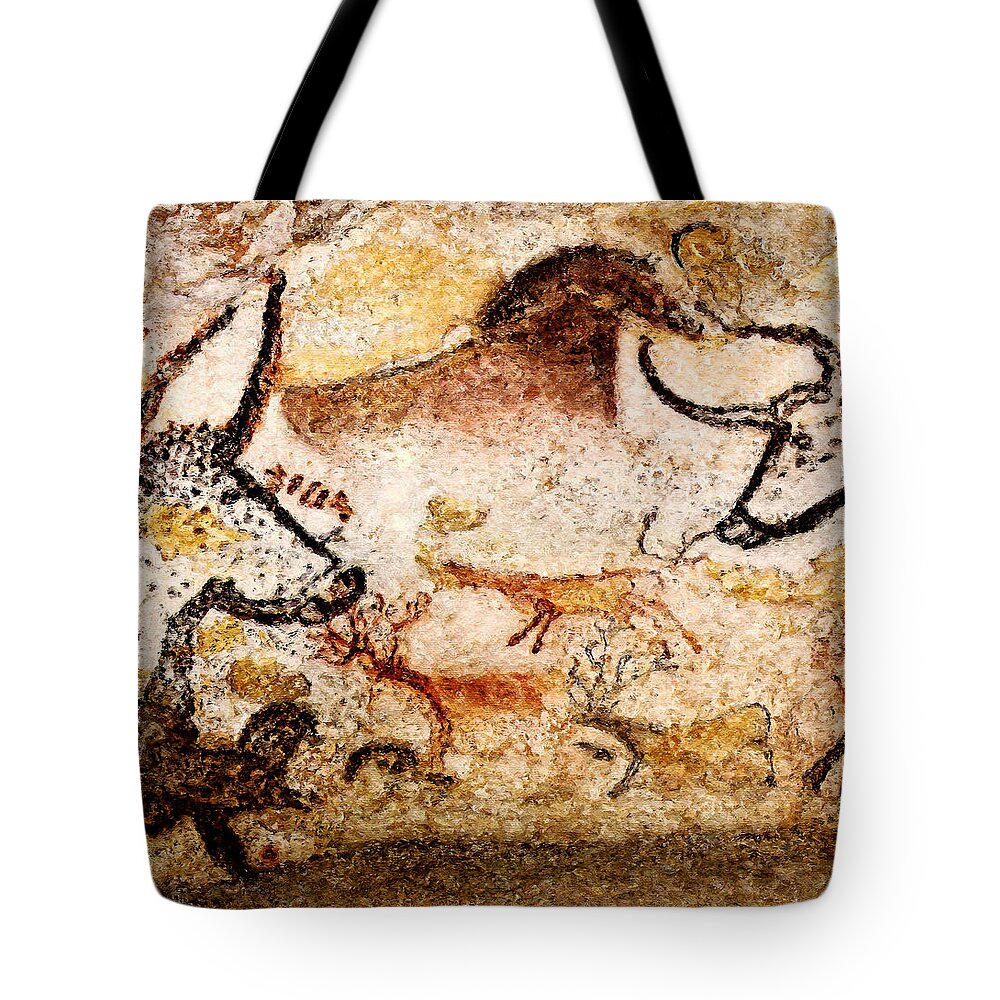 Lascaux Tote Bag featuring the digital art Lascaux Hall of the Bulls - Deer between Aurochs by Weston Westmoreland