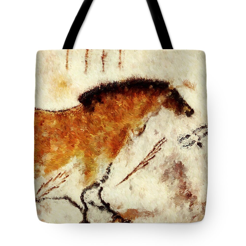 Lascaux Prehistoric Horse Tote Bag featuring the digital art Lascaux Prehistoric Horse Detail by Weston Westmoreland