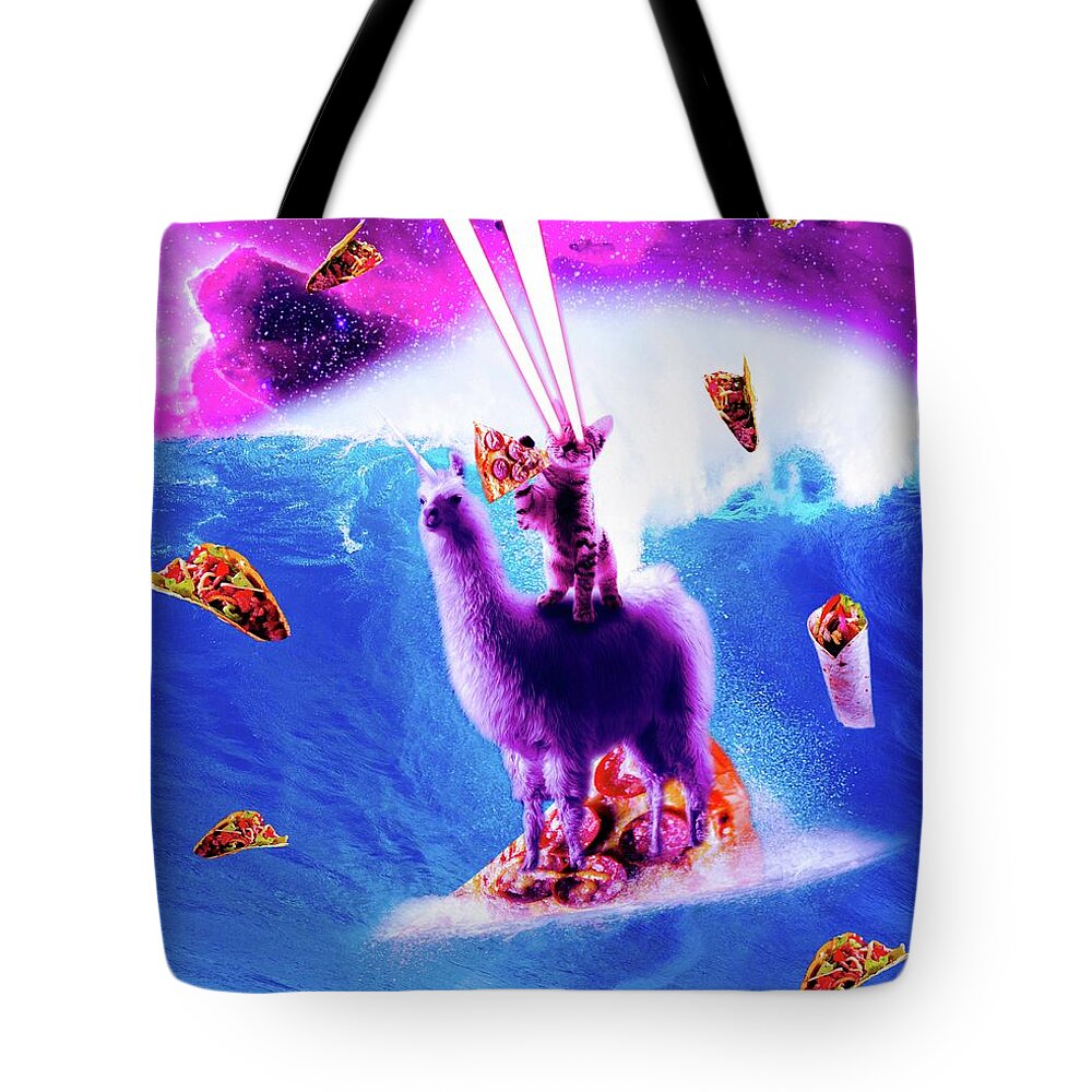 Cat Tote Bag featuring the digital art Laser Eyes Space Cat Riding On Surfing Llama Unicorn by Random Galaxy