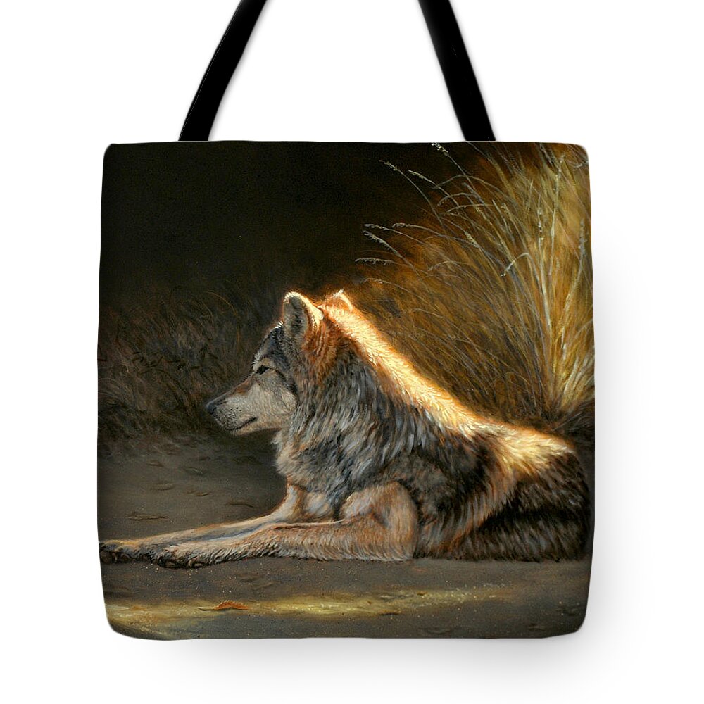 Oil Tote Bag featuring the painting Last Light - Wolf by Linda Merchant