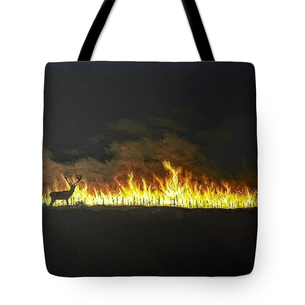 Fire Tote Bag featuring the painting Last Look Back at Home by Kevin Daly