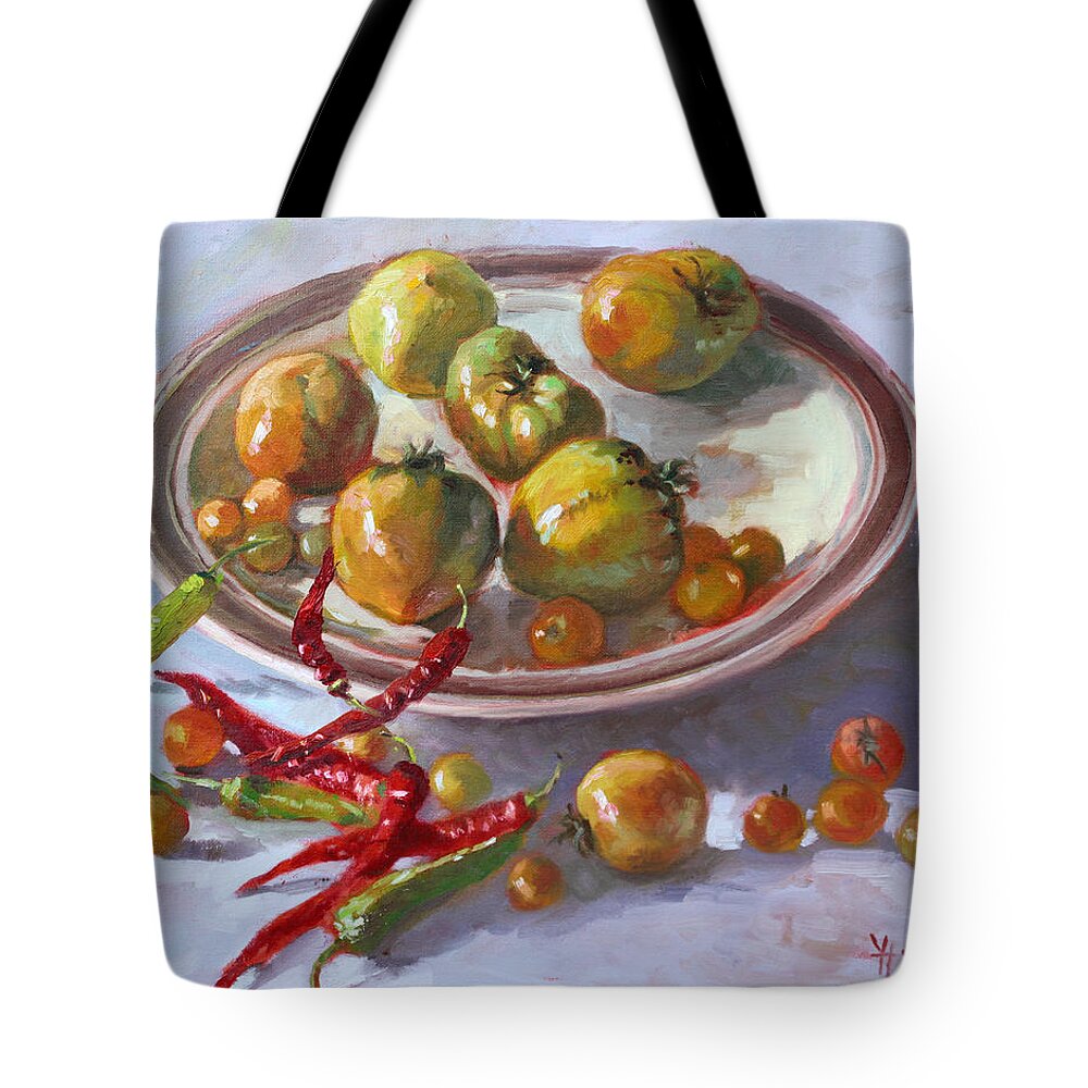 Last Tomatoes From My Garden Tote Bag featuring the painting Last Tomatoes from my Garden by Ylli Haruni