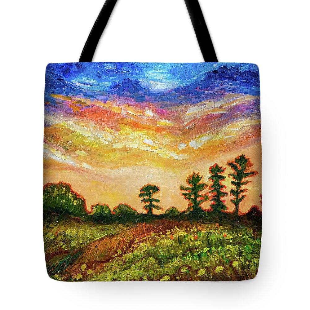 Sky Tote Bag featuring the painting Late summer sunset sky in New England by Lilia S