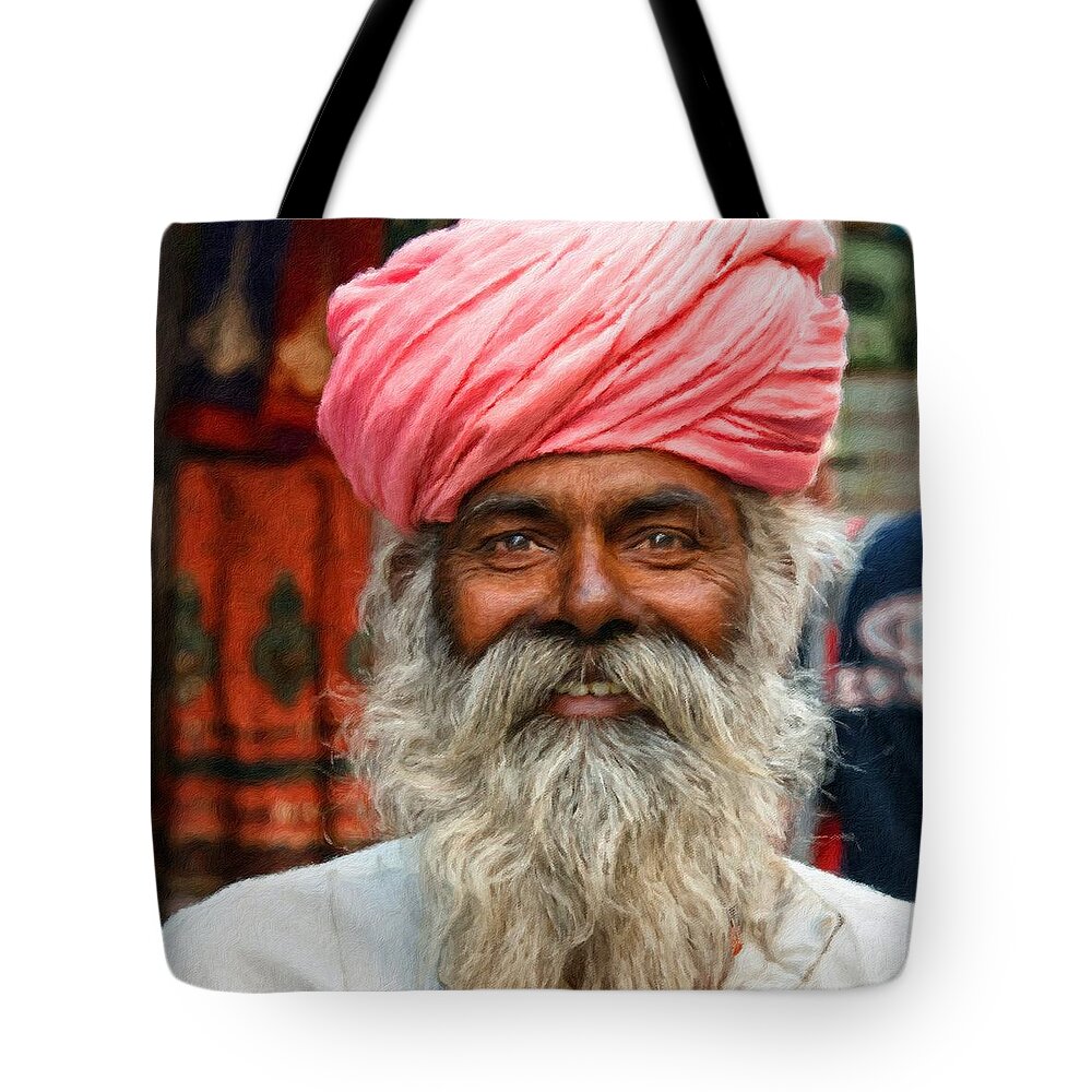 Laughing Man Tote Bag featuring the painting Laughing Indian man in turban by Vincent Monozlay