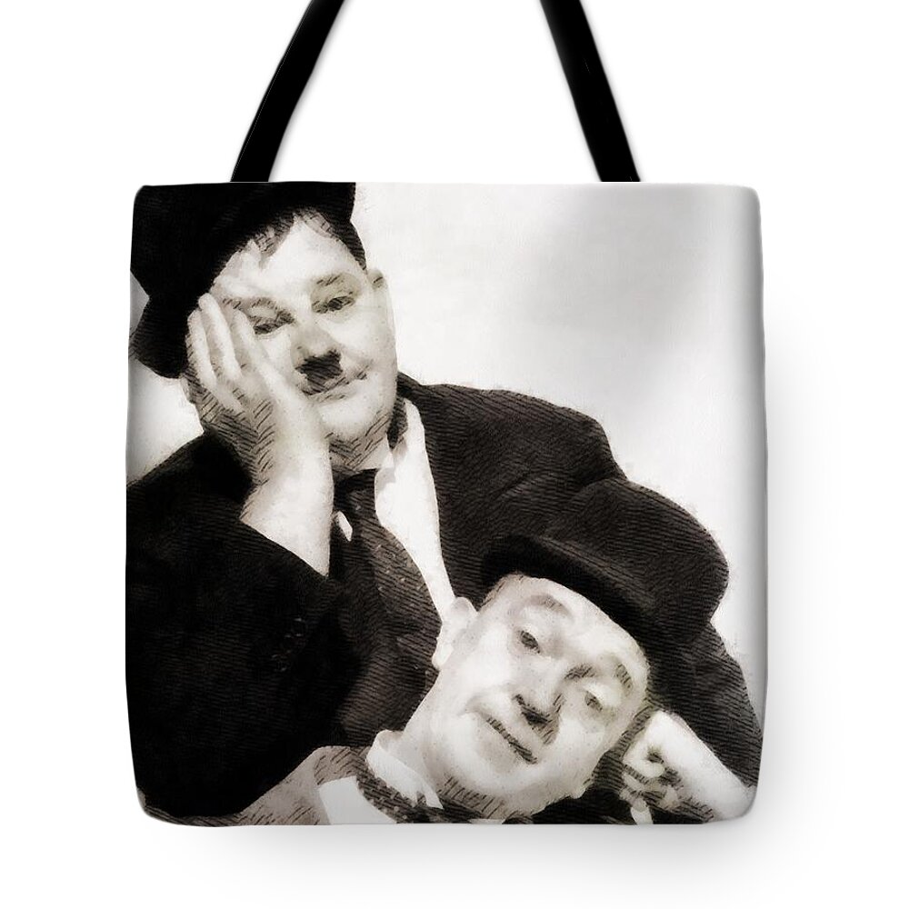 Hollywood Tote Bag featuring the painting Laurel and Hardy, Vintage Comedians by Esoterica Art Agency