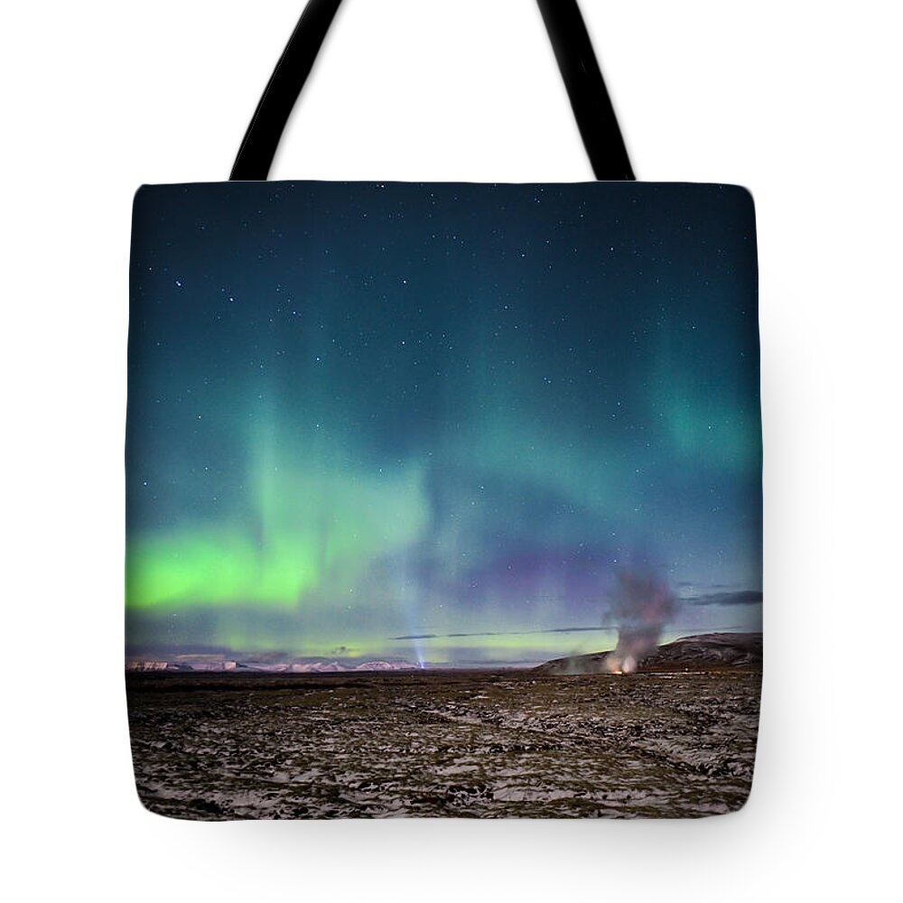 Iceland Tote Bag featuring the photograph Lava And Light - Aurora Over Iceland by Alex Blondeau