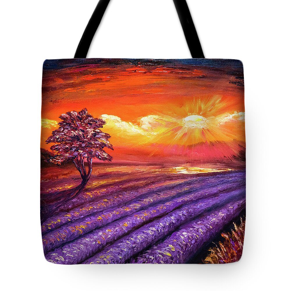 Lavender Tote Bag featuring the painting Lavender field at Sunset by Lilia S