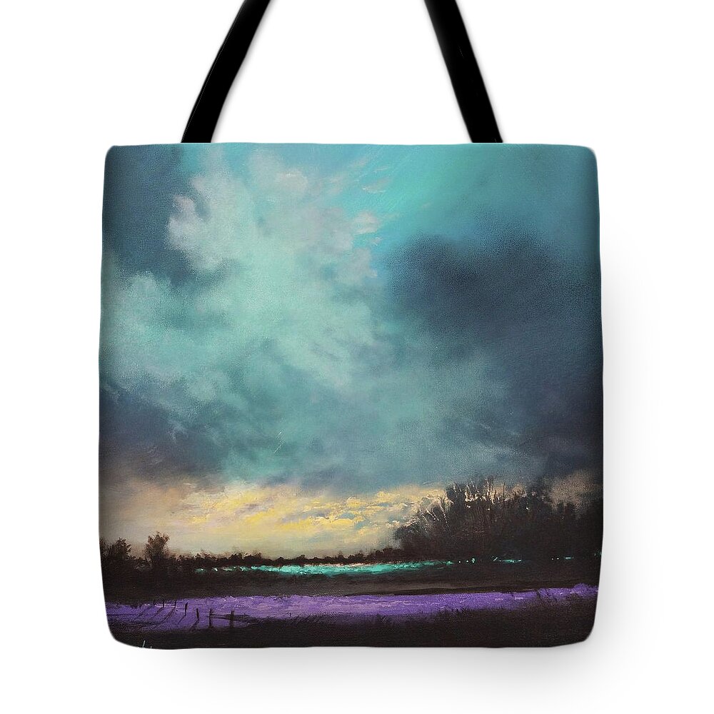 Blue And Lavender; Contemporary Landscape; Tom Shropshire Painting Tote Bag featuring the painting Lavender Fields by Tom Shropshire