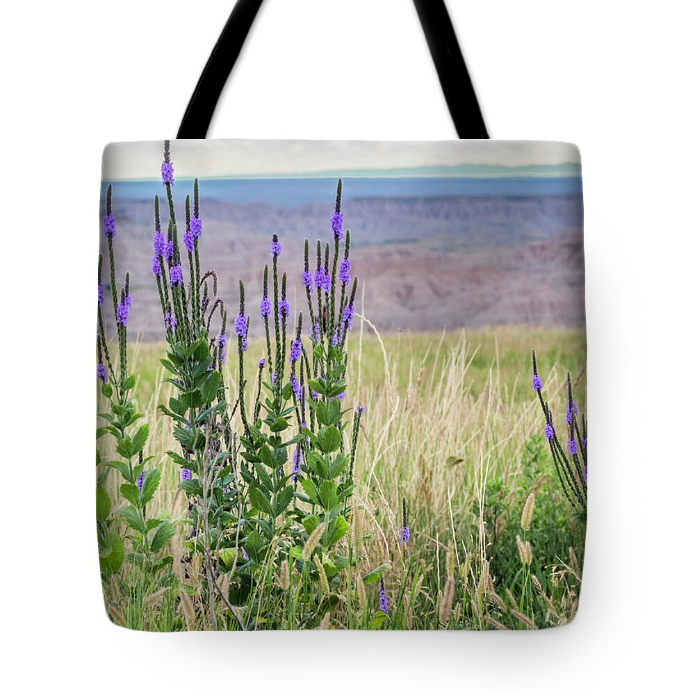 Photography Tote Bag featuring the photograph Lavender Verbena and Hills by Karen Jorstad