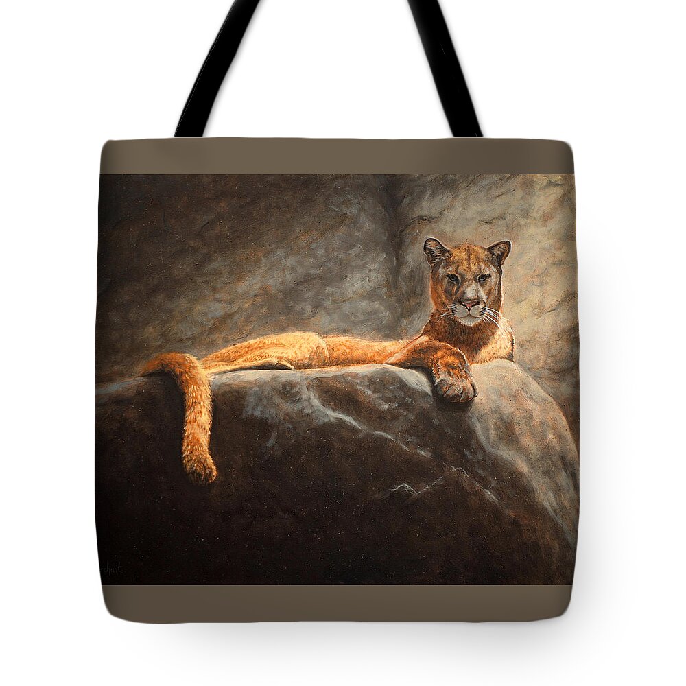 Cougar Tote Bag featuring the painting Laying Cougar by Linda Merchant