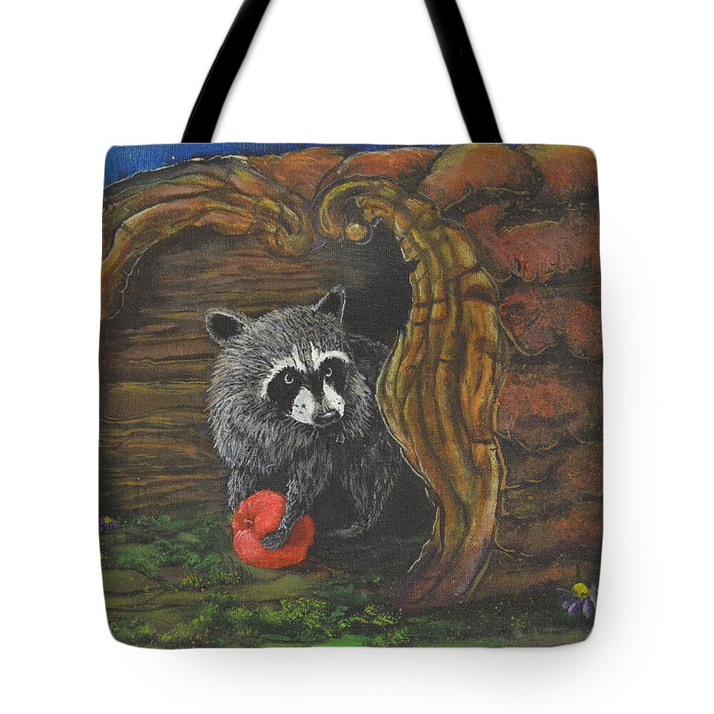 Raccoon Tote Bag featuring the painting Laying Low by Rod B Rainey