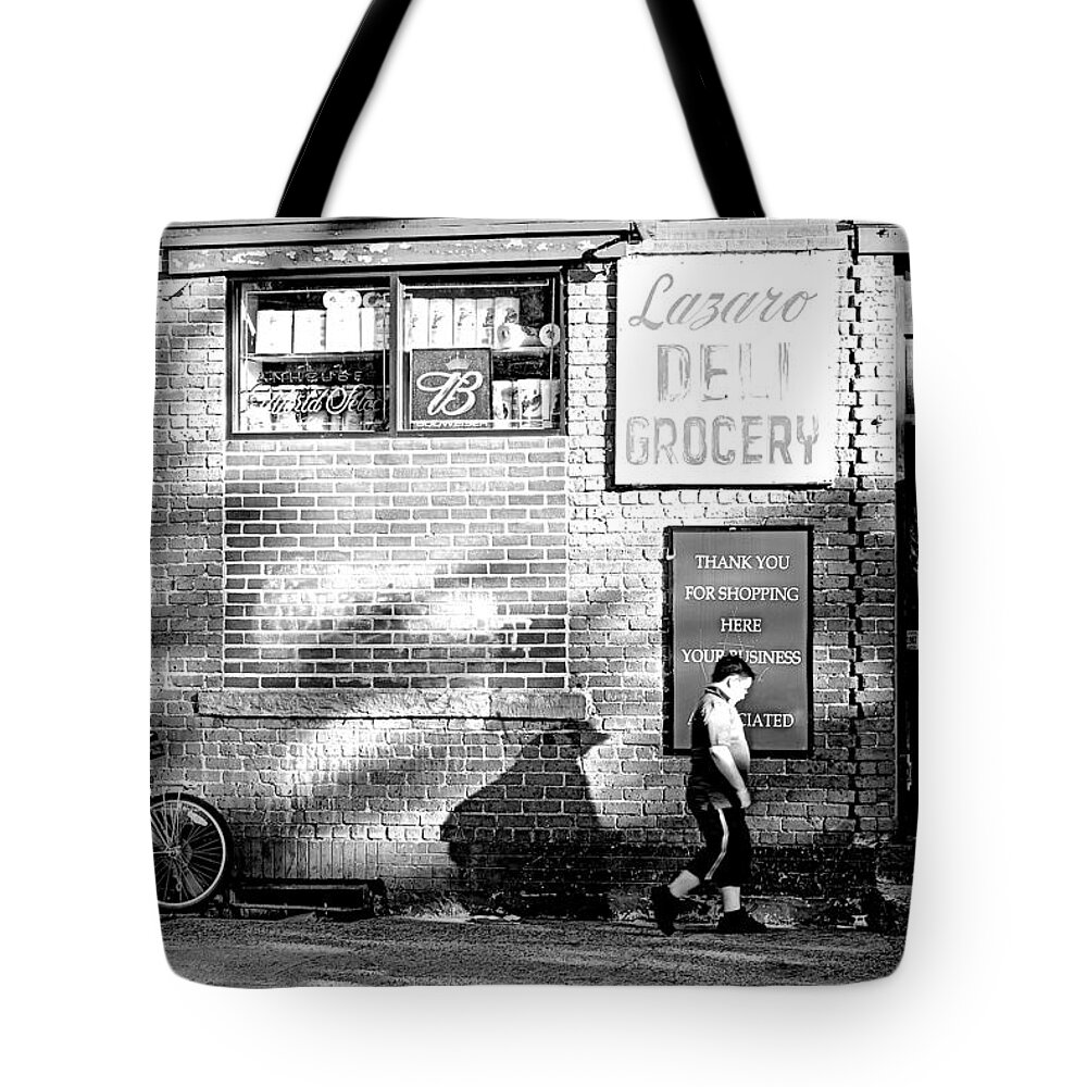 Black And White Tote Bag featuring the photograph Lazaro Deli by Diana Angstadt