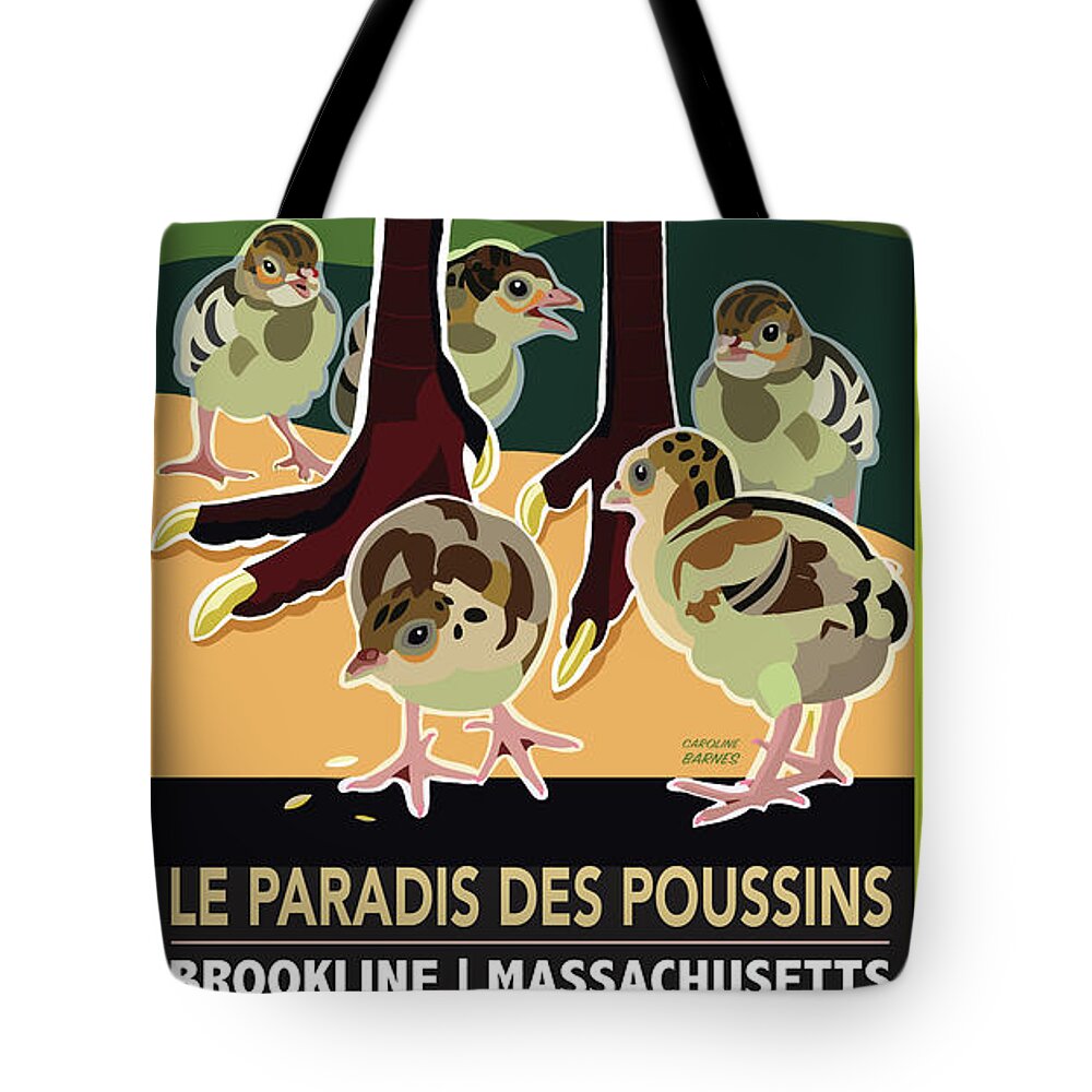 Brookline Turkeys Tote Bag featuring the digital art Le Paradis des Poussins by Caroline Barnes