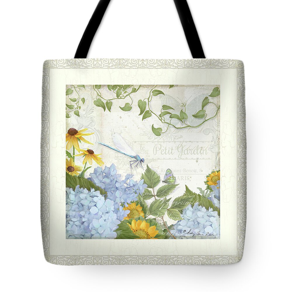 Le Petit Jardin Tote Bag featuring the painting Le Petit Jardin 2 - Garden Floral W Dragonfly, Butterfly, Daisies And Blue Hydrangeas w Border by Audrey Jeanne Roberts