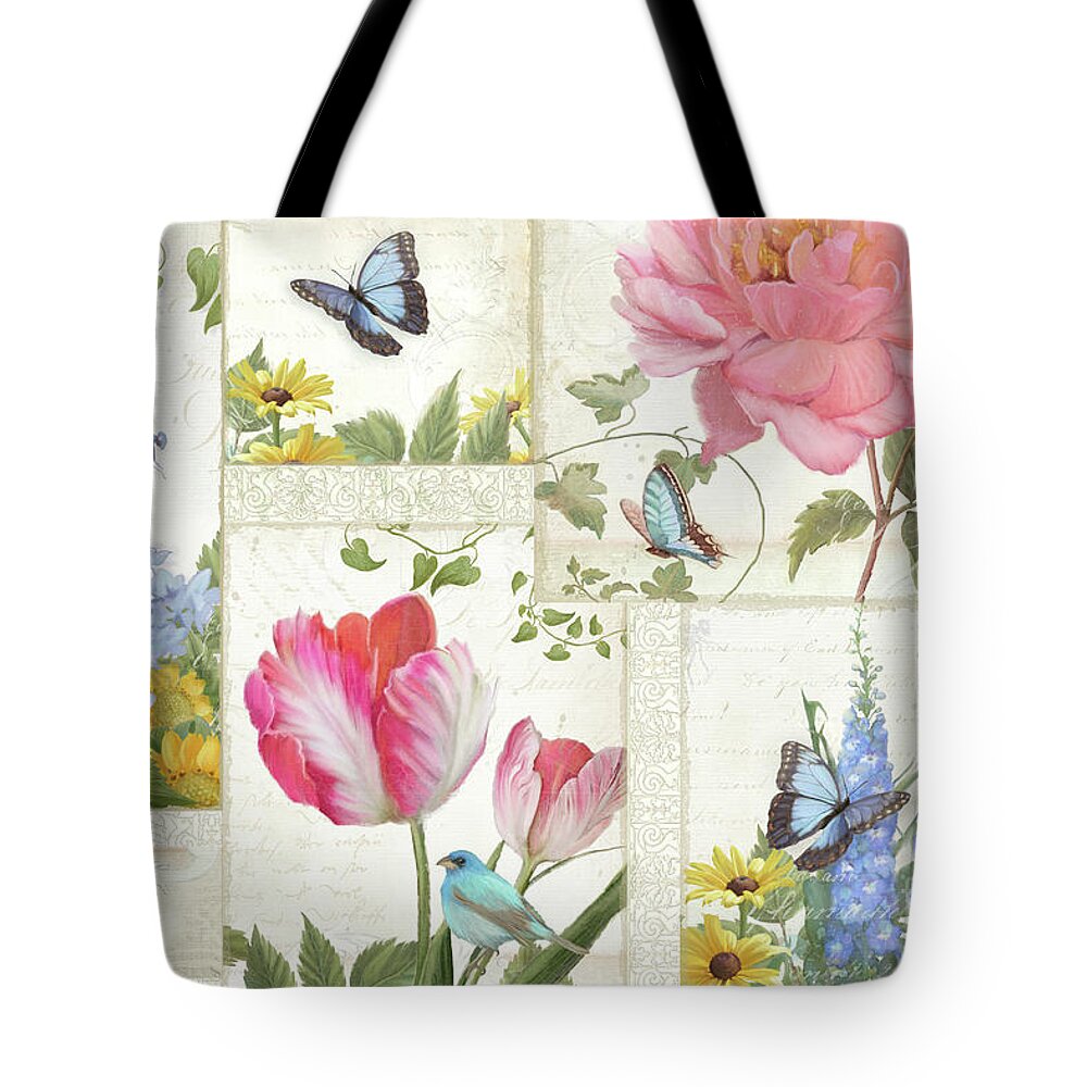 Collage Tote Bag featuring the painting Le Petit Jardin - Collage Garden Floral w Butterflies, Dragonflies and Birds by Audrey Jeanne Roberts