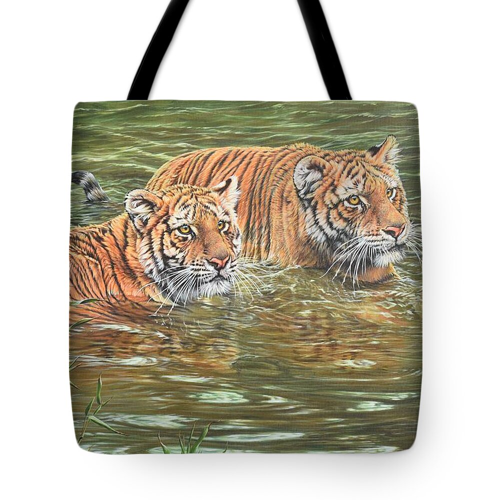Wildlife Paintings Tote Bag featuring the painting Leave This To Me Sis by Alan M Hunt