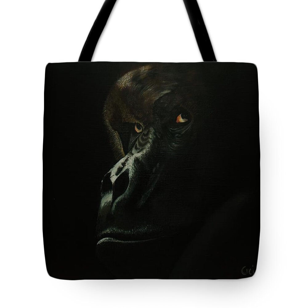 Gorilla Tote Bag featuring the painting Leave us alone. by Jean Yves Crispo