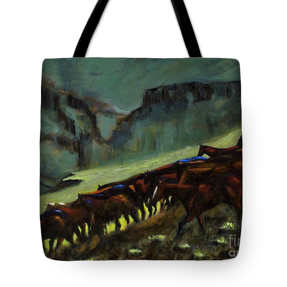 Horses Tote Bag featuring the painting Leaving The Mesa by Frances Marino