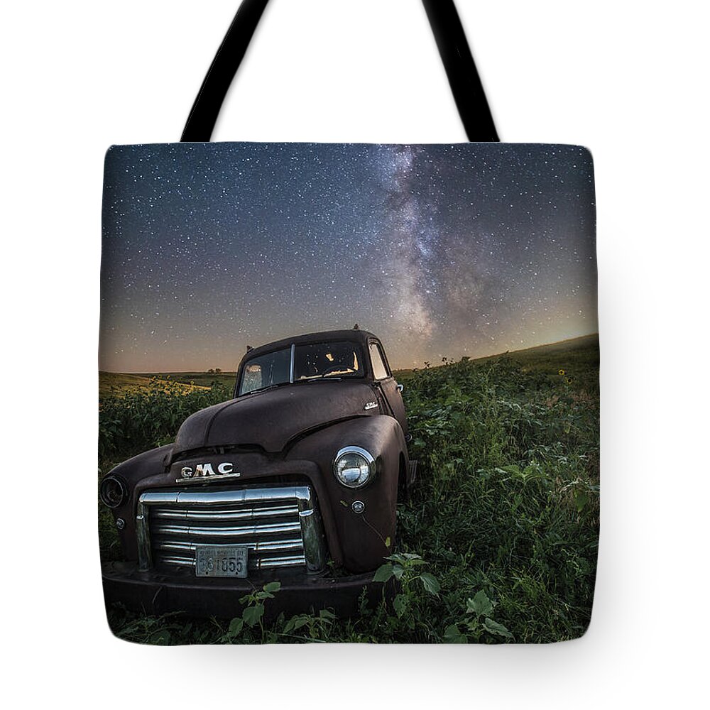 Usa Truck Top Pierre Abandoned Space Decay Rural Farm Forgotten Rust Astronomy Chrome Milky Way Tote Bag featuring the photograph Left to Rust by Aaron J Groen