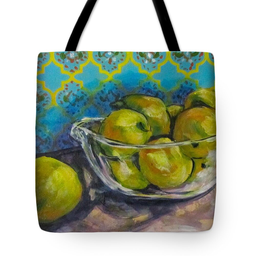 Yellow Tote Bag featuring the painting Lemons by Barbara O'Toole