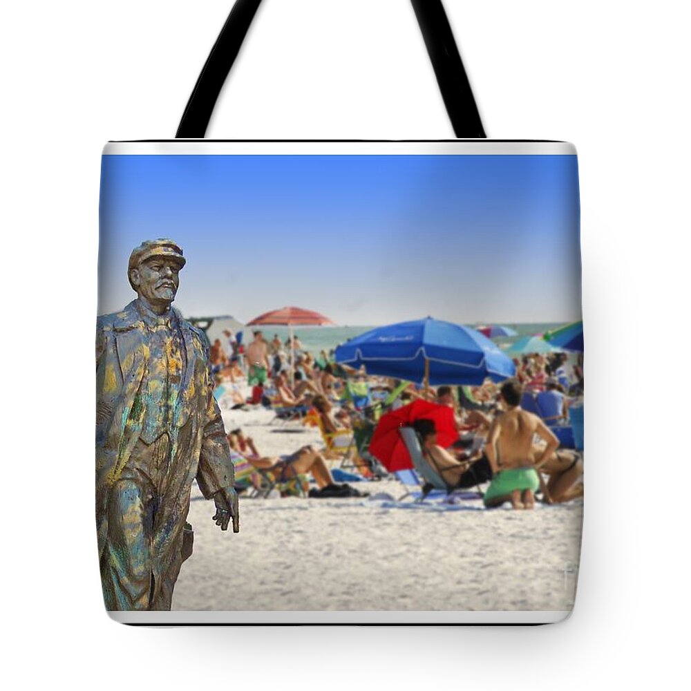 Umbrellas Tote Bag featuring the photograph Lenin goes to the Beach White border by Larry Mulvehill