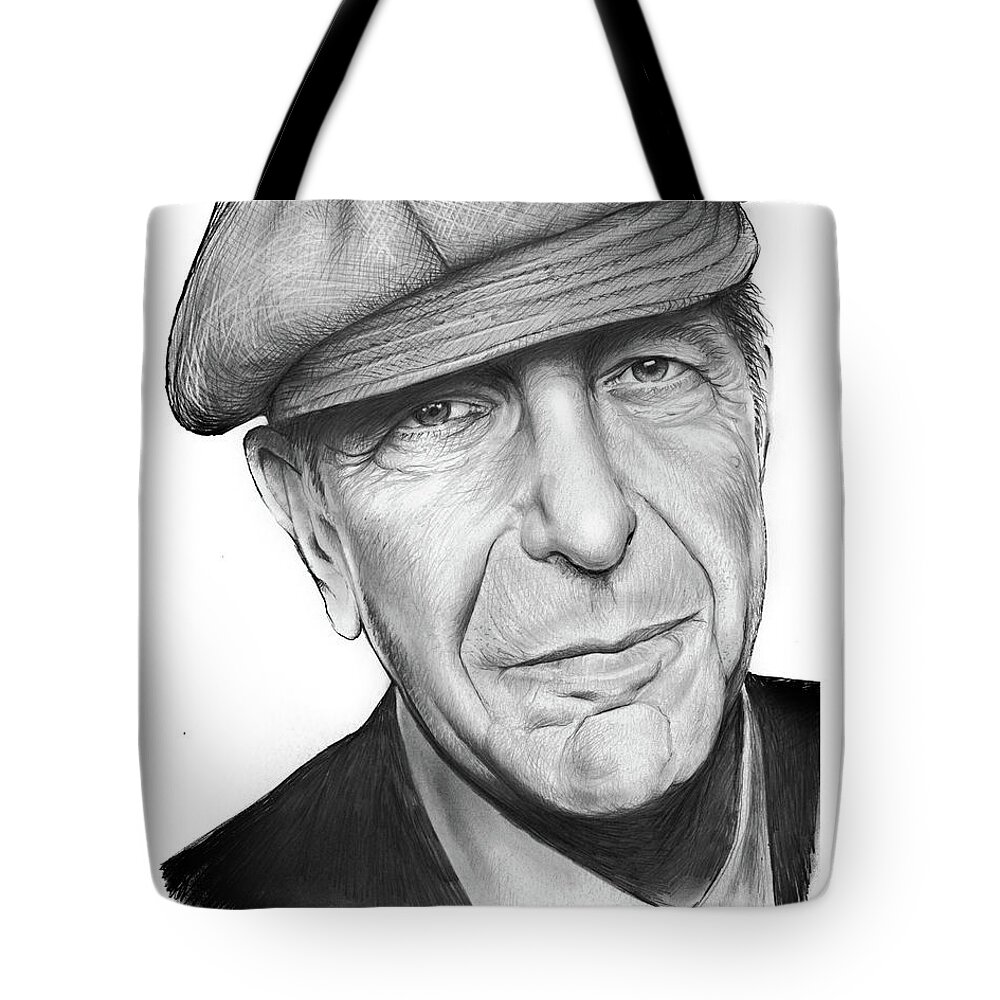 Leonard Cohen Tote Bag featuring the drawing Leonard Cohen by Greg Joens