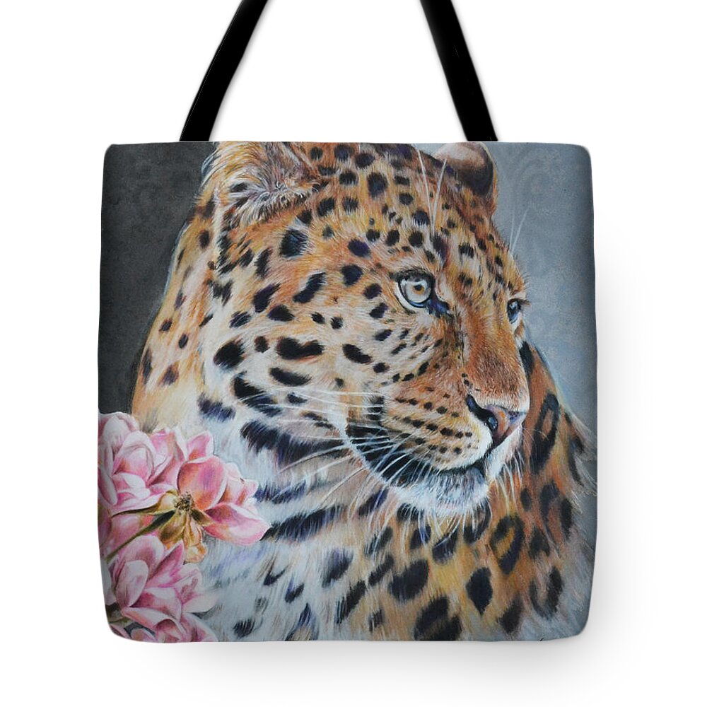Leopard Tote Bag featuring the painting Leopard and Roses by Lachri