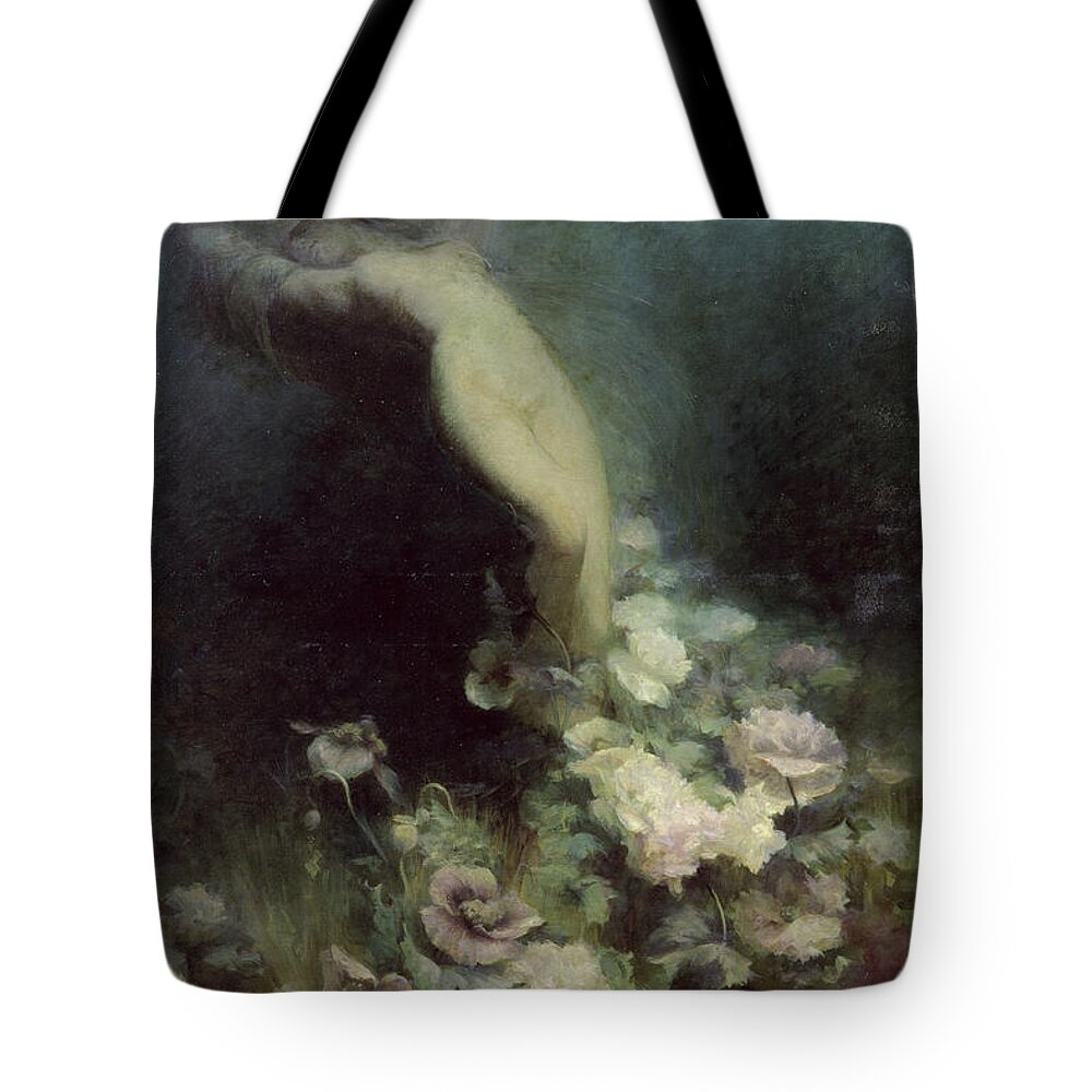 Flowers Of Sleep Tote Bag featuring the painting Les Fleurs du Sommeil by Achille Theodore Cesbron by Achille Theodore Cesbron