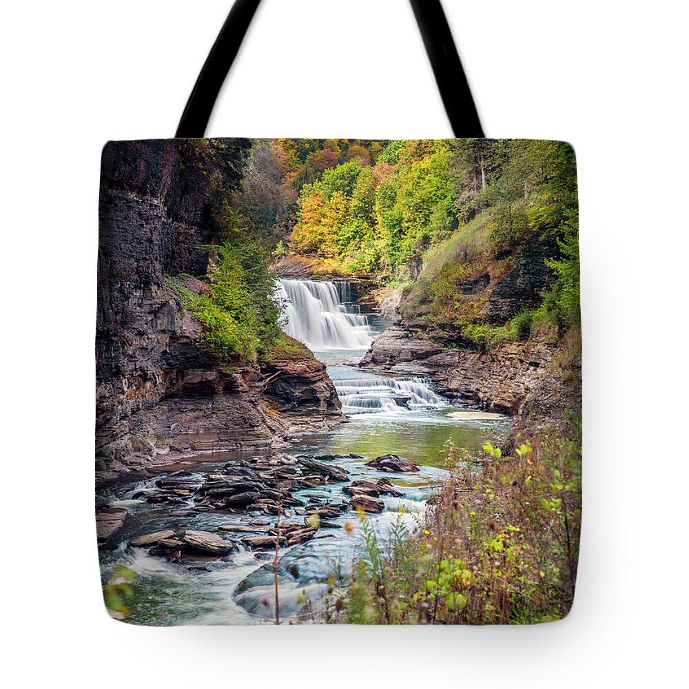 Letchworth Lower Falls In Autumn Tote Bag featuring the photograph Letchworth Lower Falls in Autumn by Karen Jorstad