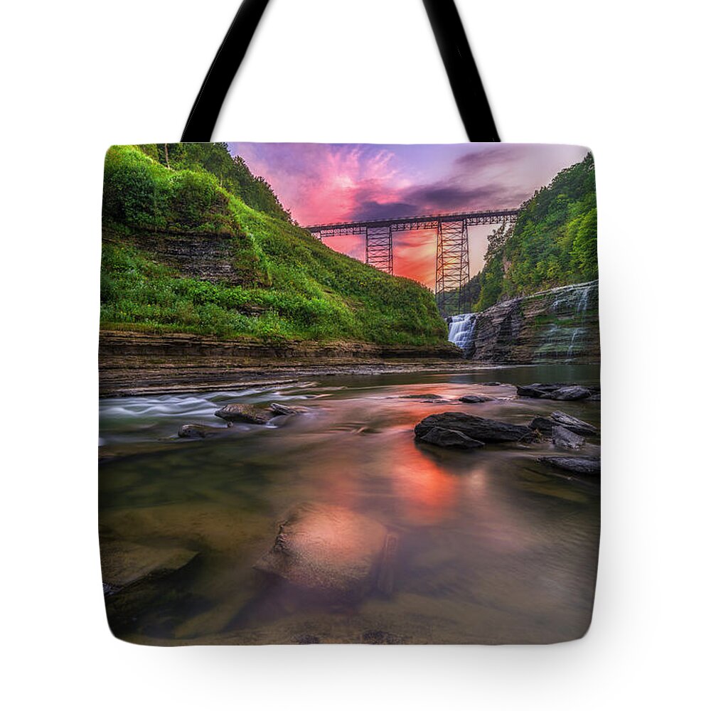 Waterfall Tote Bag featuring the photograph Letchworth Upper Falls At Dusk by Mark Papke