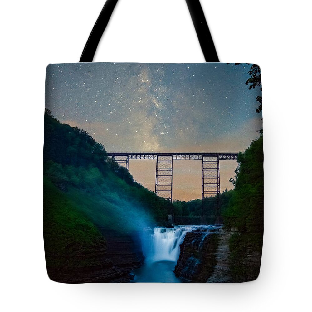 Letchworth Tote Bag featuring the photograph Letchworth Upper Falls under the Milky Way No 2 by Chris Bordeleau
