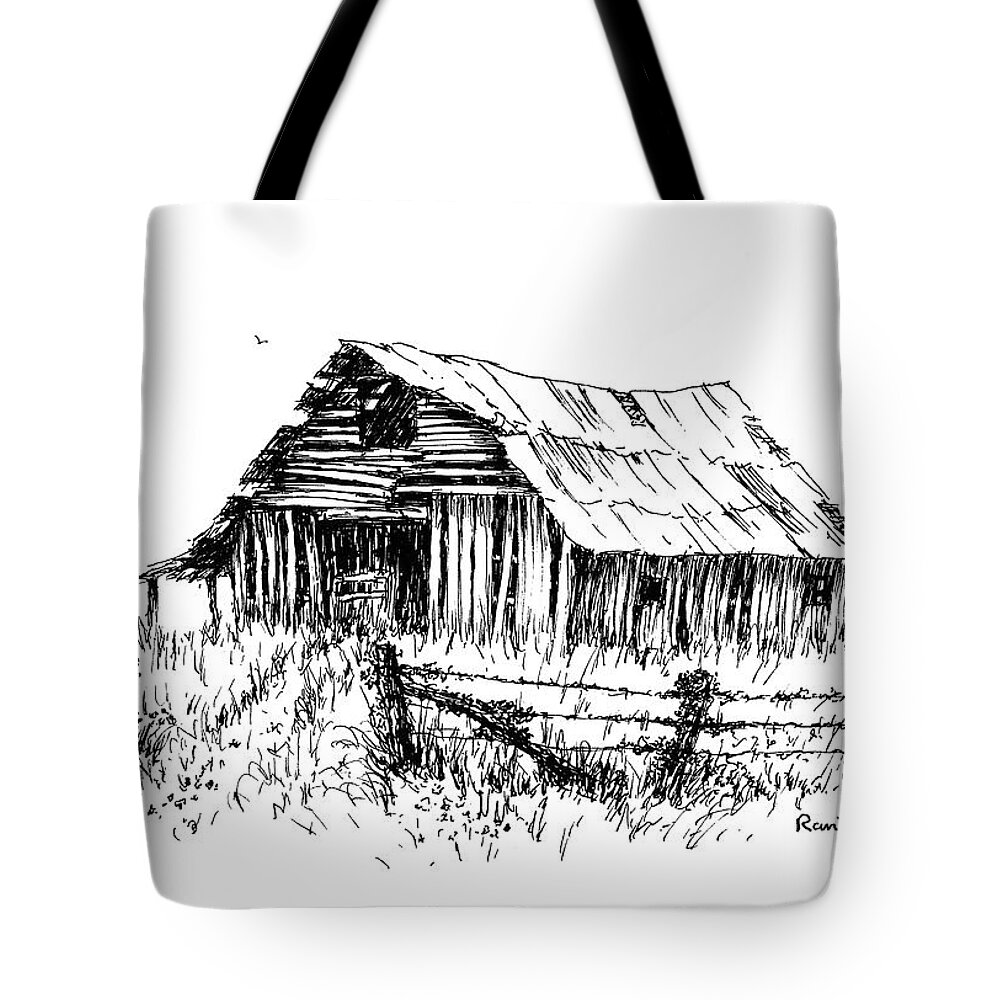 Barn Tote Bag featuring the drawing Let's Look Inside by Randy Welborn