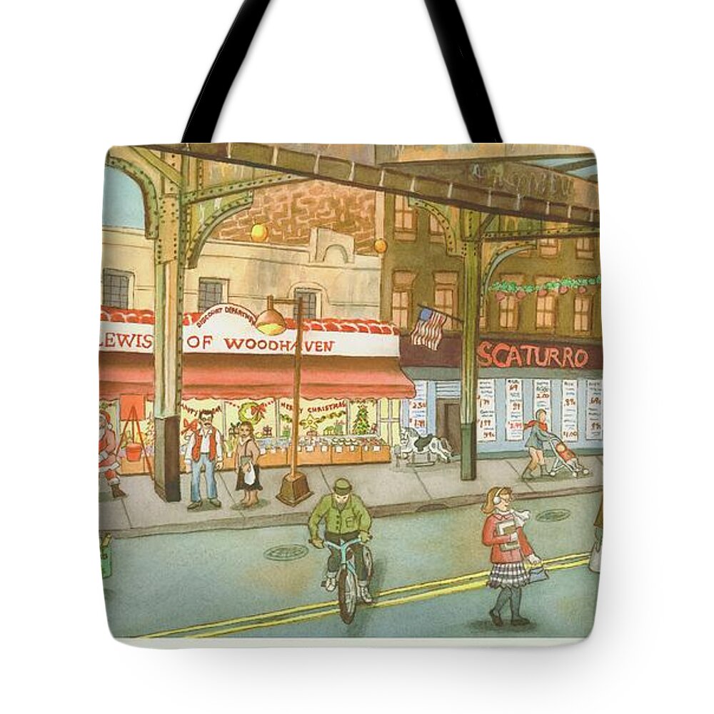 El Train Tote Bag featuring the painting Lewis Of Woodhaven by Madeline Lovallo