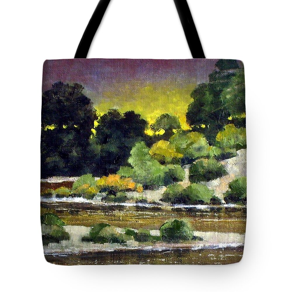 Landscape Tote Bag featuring the painting Lewis River at Woodland by Jim Gola
